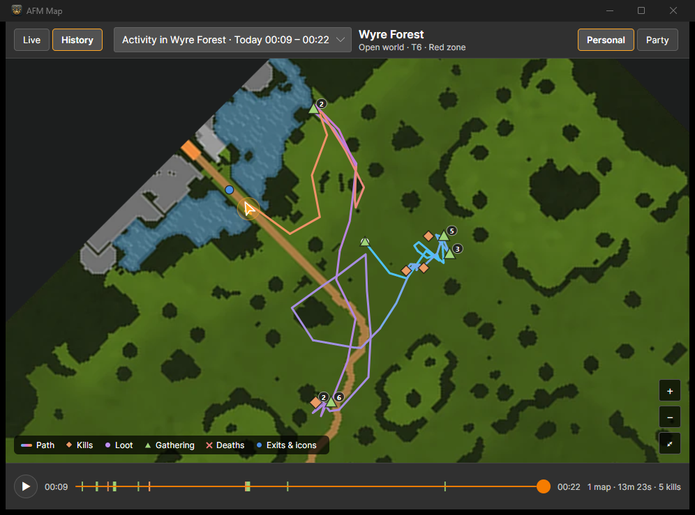 AFM Data Client map replaying a run in Wyre Forest with the path, kills, and gathering