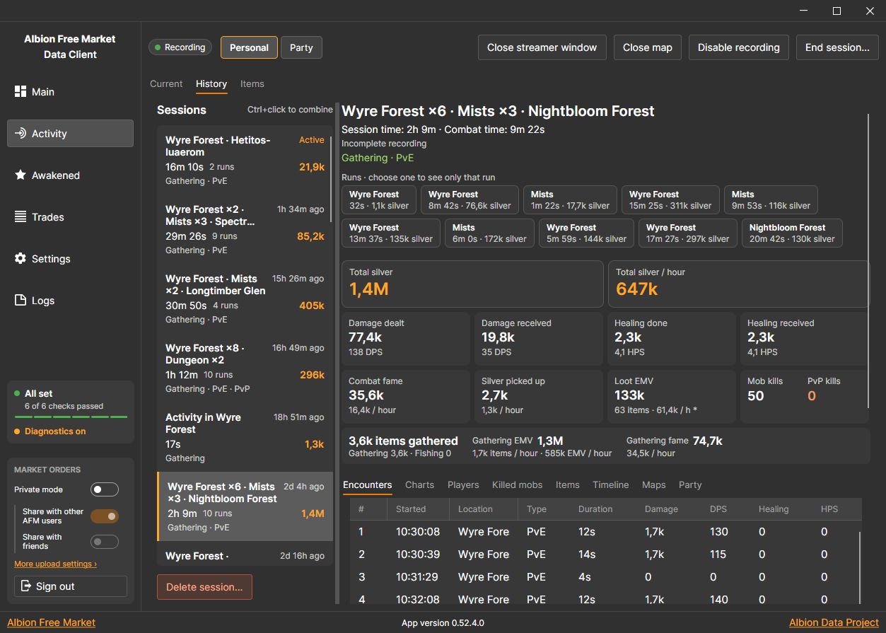 AFM Data Client showing a saved session with silver per hour, combat, loot, and gathering totals