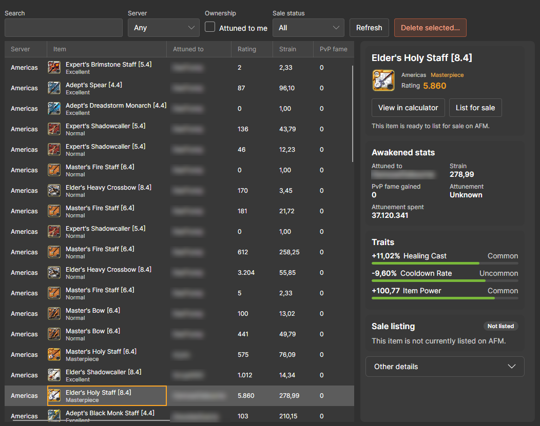 AFM Data Client awakened items list with an item's rating, stats, and traits