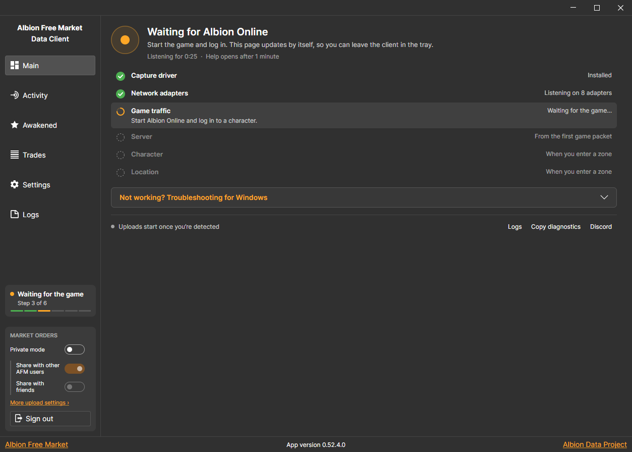 AFM Data Client Main tab checking the capture driver, network adapters, and game traffic