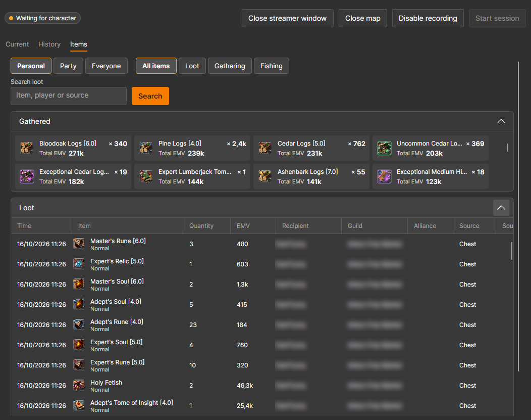 AFM Data Client items view with gathered resources, loot pickups, and their EMV