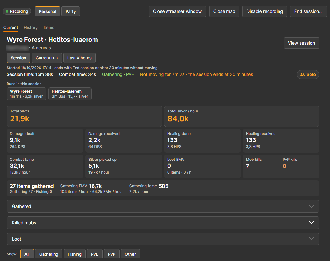 AFM Data Client Current tab during a session, with session time, runs, and totals