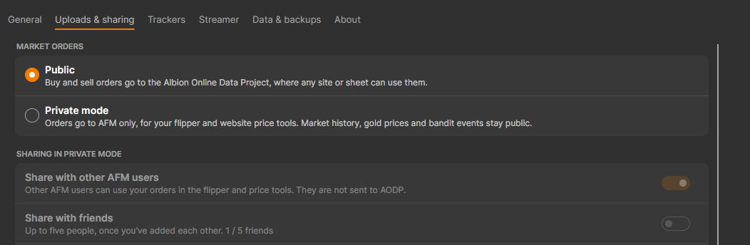 AFM Data Client upload settings with public uploads, Private mode, and sharing options